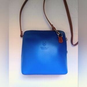 Vera Pelle Royal Blue/Tan Mini Structure Italian Leather Crossbody Bag New